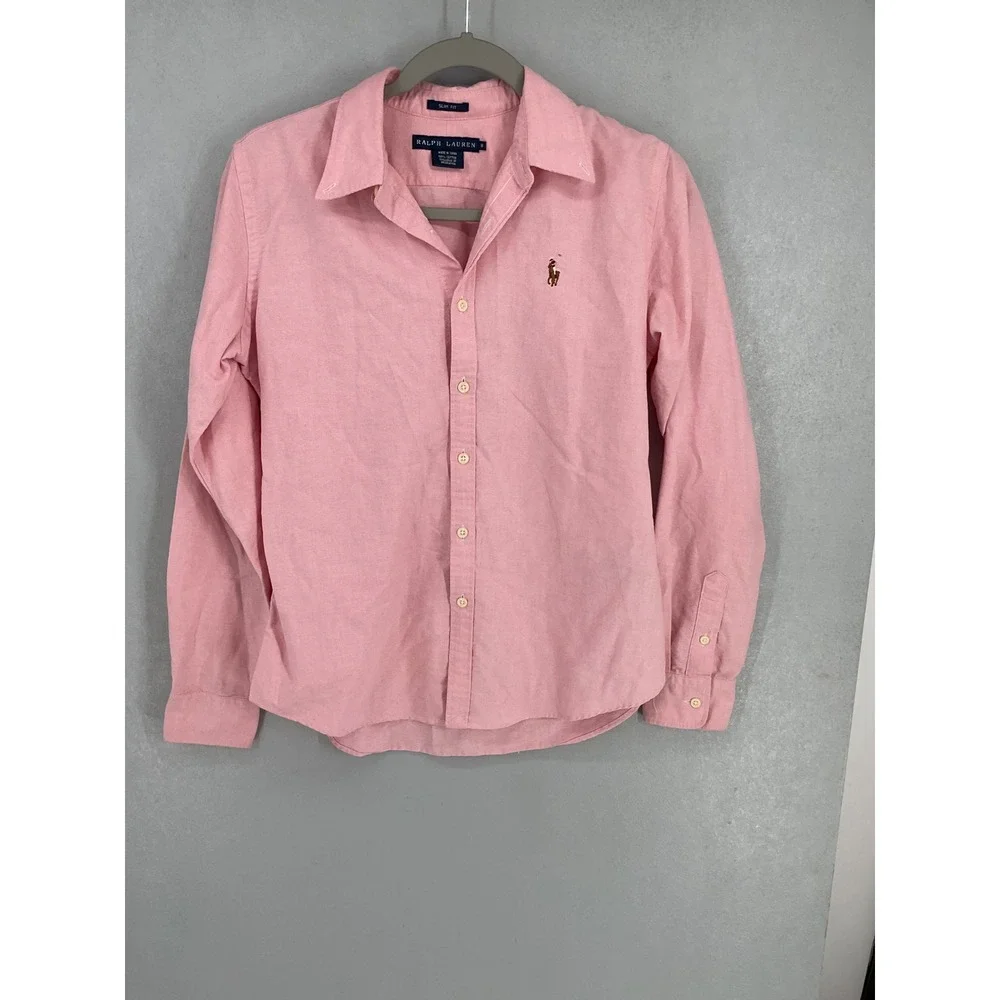 Ralph Lauren Girls Button Down Shirt Pink Slim Fit Oxford 8